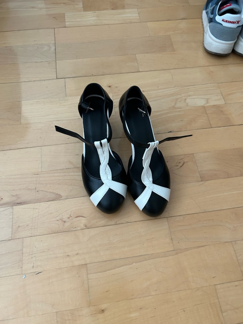Women’s Black and White T-Strap Heels with Ankle Strap